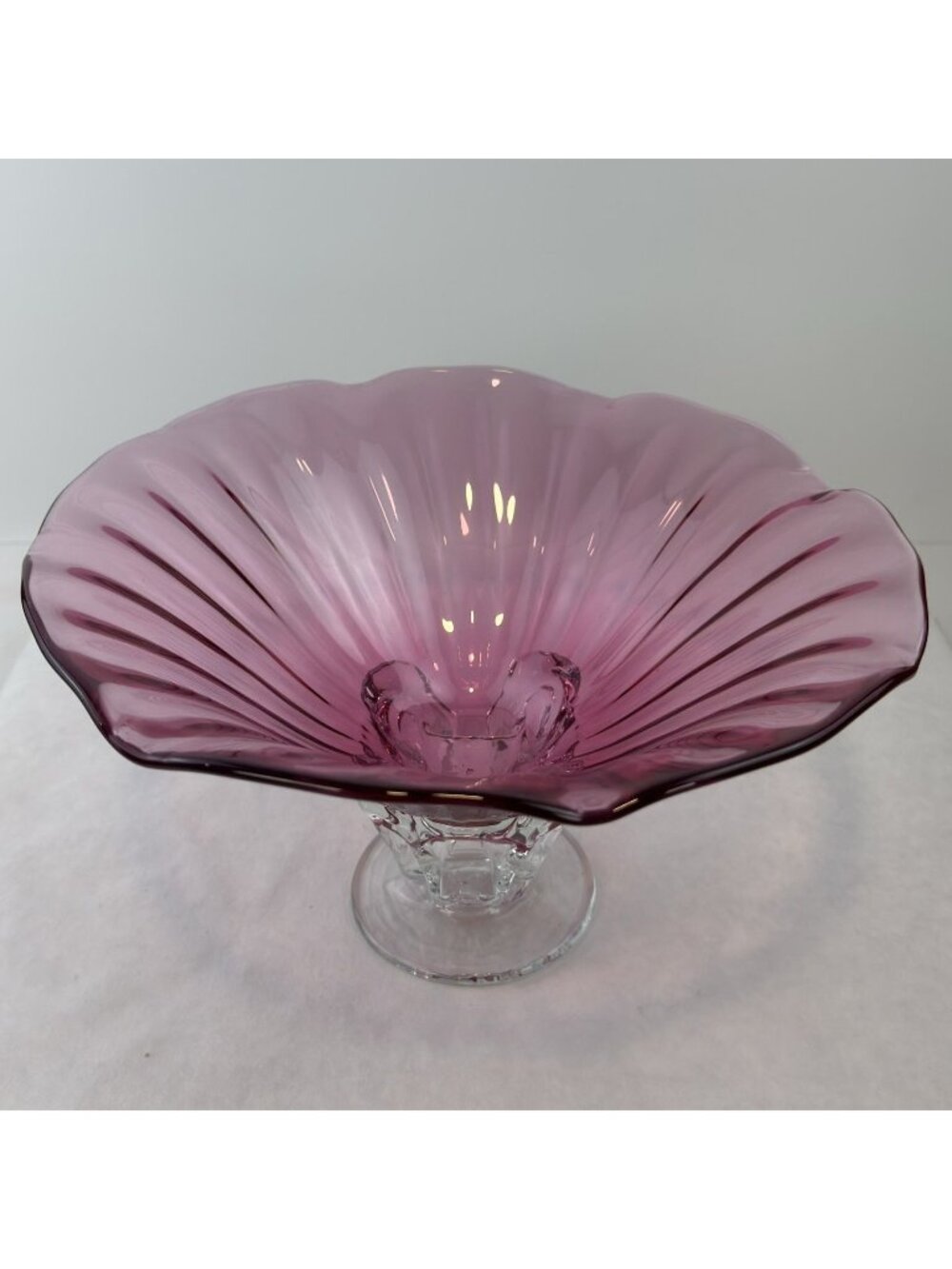 Hand-Blown Pink Art Glass Pedestal Bowl Ruffled Compote Centerpiece Signed 2009